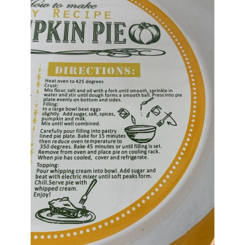 Ceramic Pumpkin Pie Plate With Recipe Yellow Pie Pan 11” Round